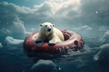 Polar bear on an inflatable ring in the sea. Toned, Polar bear floating on lifebuoy surrounded by melting snow, AI Generatedの素材