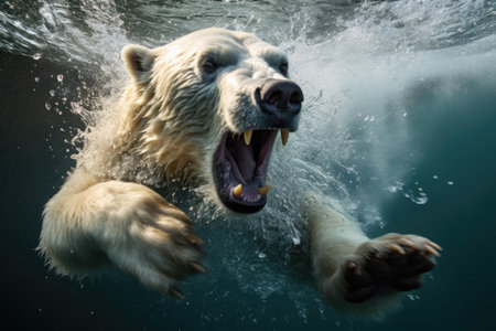 Polar bear swimming in water. Polar bear Ursus maritimus, Polar bear undergoing an underwater attack, AI Generatedの素材