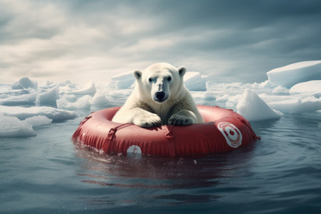 Polar bear on an inflatable ring in the ocean. Toned, Polar bear floating on lifebuoy surrounded by melting snow, AI Generatedの素材