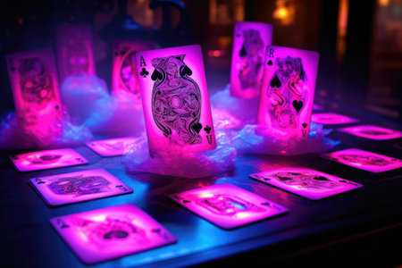 playing cards on the table in the casino. 3d rendering, Playing cards glow in pink and purple neon colors, AI Generatedの素材