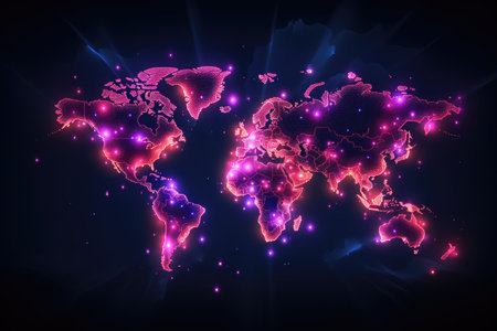 Map of the world with glowing lines and particles. Vector illustration, Pixel world map with spotlight effects, AI Generatedの素材