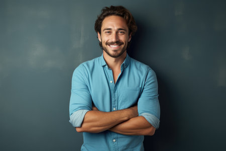 Portrait of a smiling young man standing with arms crossed against grey background, Portrait of a handsome smiling young man with folded arms, AI Generatedの素材