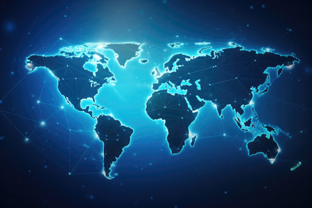 Abstract polygonal world map on dark blue background. Global network connection concept, Polygon world map with blockchain technology peer-to-peer network on a blue background, AI Generatedの素材