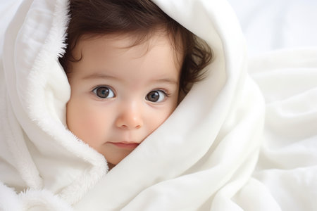 Portrait of a cute little baby wrapped in a white blanket, Portrait of a cute baby under a white blanket on a light background, AI Generatedの素材