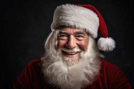 Portrait of smiling santa claus looking at camera on dark background, portrait of smiling senior man in Santa Claus hat with long white beard looking at camera against dark background, AI Generatedの素材