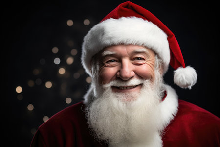 Portrait of happy Santa Claus in glasses and red suit on black background, portrait of smiling senior man in Santa Claus hat with long white beard looking at camera against dark, AI Generatedの素材