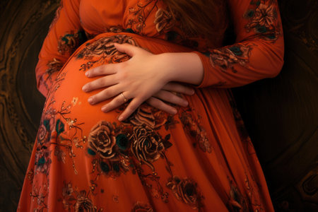 Young pregnant woman in orange dress touching her belly with hands, closeup, Black pregnant womans belly closeup, AI Generatedの素材