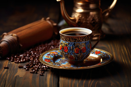 Black coffee in a cup on an old background. Selective focus, Pour coffee from a Turkish coffee pot into a decorated coffee cup on a wooden table, AI Generatedの素材