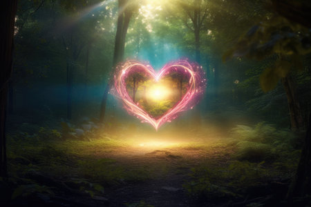 Fantasy landscape with a heart shape in the forest. Digital painting, Present a colorful fantasy heart with a light beam in a green forest field, AI Generatedの素材