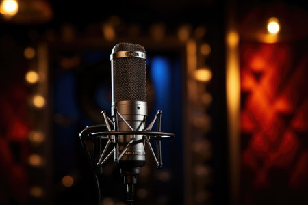 Audio recording studio microphone on dark background. Microphone for voice-overs, Professional microphone showcased in the recording studio, AI Generatedの素材