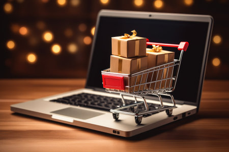 Shopping cart with gift boxes on laptop. Online shopping concept, Product package boxes and a shopping bag in a cart with a laptop computer for online shopping, AI Generatedの素材