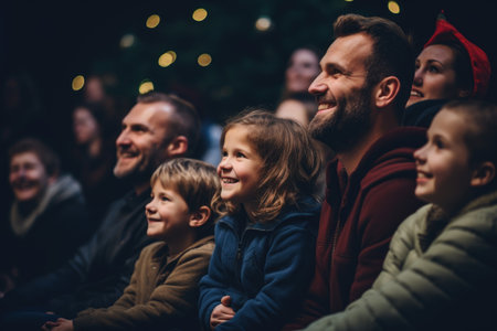 happy family with two children on the Christmas market in the city, Proud parents watching kids perform in a Christmas play, AI Generatedの素材
