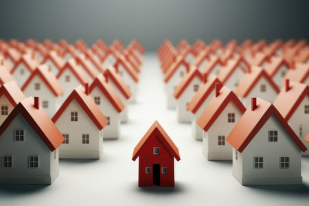 Real estate concept. 3d illustration of a small house in a row of red houses, Real estate concept with a red house standing out from a crowd of white houses, AI Generatedの素材