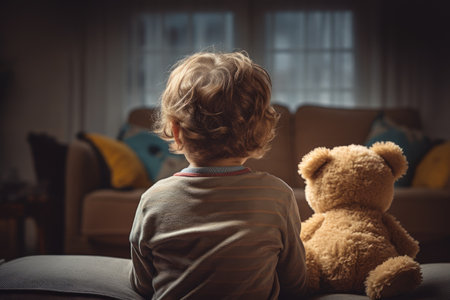 Rear view of little boy sitting on sofa with teddy bear, Rear view of a babysitting toddler beside his teddy bear, AI Generatedの素材