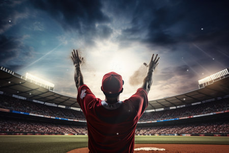 Baseball player in red uniform on the stadium. 3D Rendering, Rear view of a baseball player throwing the ball on the professional baseball stadium, AI Generatedの素材