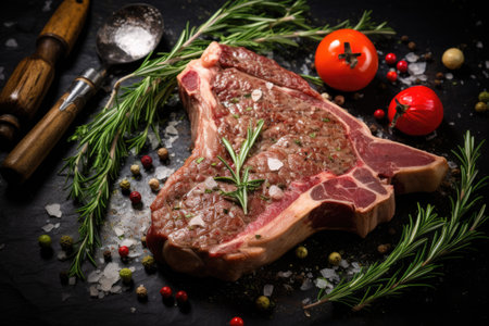 Raw ribeye steak with rosemary and spices on a black background, Select all on this page, Raw T-bone Steak with fresh herbs on the pan is ready for cooking, AI Generatedの素材