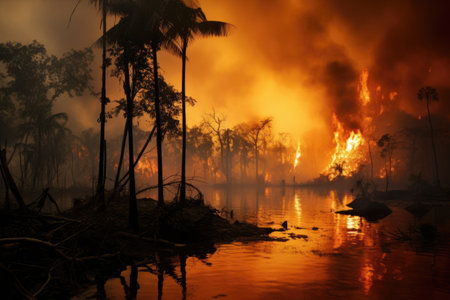 Burning palm trees in the forest during the dry season. Global warming concept, Rainforest fire disaster is burning, AI Generatedの素材