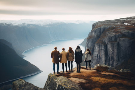 Back view of a family standing on the top of a mountain and looking at the fjord, Rear view of a couple and family traveling together on a cliff edge in Norway, AI Generatedの素材