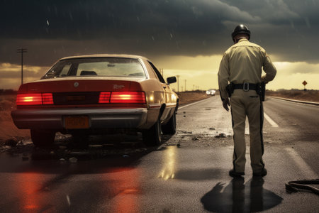 Worker with safety helmet and reflective vest standing on the road with cars on the background, Rear view of a highway patrol worker checking the car in an accident, AI Generatedの素材