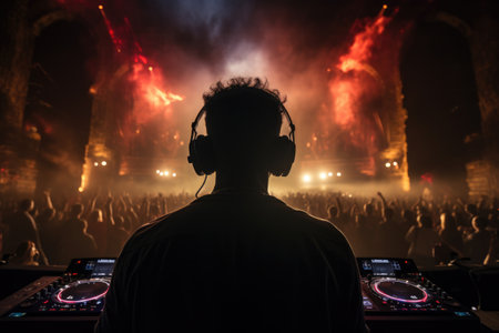 Silhouette of dj in front of the crowd at a music festival, Rear view of a DJ with headphones at a nightclub party, AI Generatedの素材