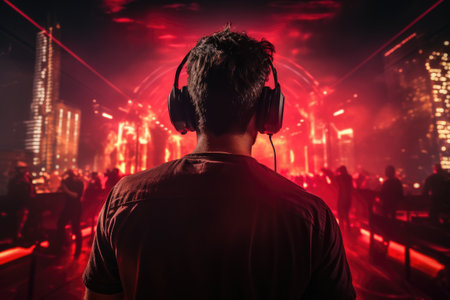Young man listening to music with headphones in a nightclub. Back view, Rear view of a DJ with headphones at a nightclub party, AI Generatedの素材