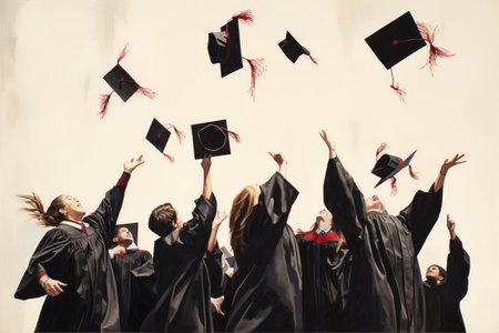 Group of graduate students throwing caps in the air. Graduation concept, Rear view of a group of graduates tipping their graduation caps upwards, AI Generatedの素材