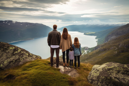 Tourists standing on the edge of a cliff overlooking the fjord, Rear view of a couple and family traveling together on a cliff edge in Norway, AI Generatedの素材