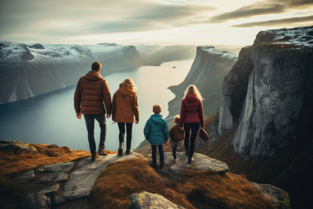 A family of four walking on a mountain trail in the fjords of Iceland, Rear view of a couple and family traveling together on a cliff edge in Norway, AI Generatedの素材