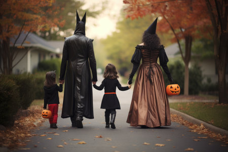 Happy Halloween. Group of children in halloween costumes trick or treating, Rear view of a family dressed up in costume for Halloween, AI Generatedの素材