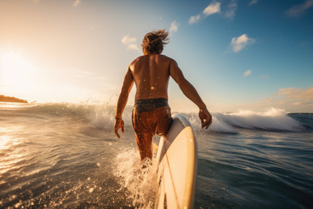 Rear view of a young man surfing on a board at sunset, Rear view of a man surfer running in the ocean with a surfboard, AI Generatedの素材