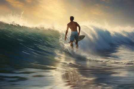 Surfer on the ocean wave at sunset. 3D Rendering, Rear view of a man surfer running in the ocean with a surfboard, AI Generatedの素材