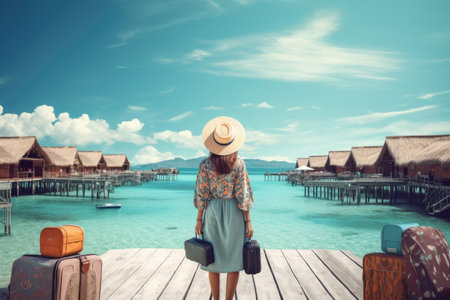 Young woman with suitcase on the pier at tropical island. Travel concept, Rear view of a happy travel woman on vacation concept, AI Generatedの素材