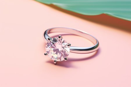 Jewelry ring on a pink background with a green leaf, AI Generatedの素材