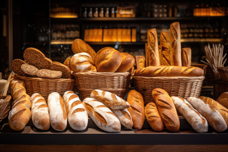 Baguettes, baguettes and bread rolls in a bakery, different bread loaves and baguettes on bakery shop, AI Generatedの素材