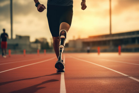 Runner athlete running on running track in the stadium. Sport and healthy lifestyle concept, Disabled male runner on prosthetic leg disable man on sport race sport center, AI Generatedの素材