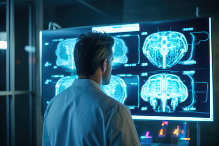 Rear view of male doctor looking at x-ray image in hospital, Doctor looking at x-ray image of brain head in a hospital, AI Generatedの素材