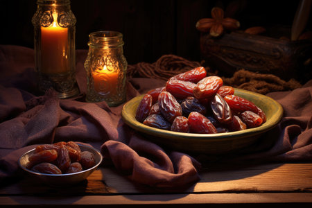 Dates fruit in bowl on wooden table. Ramadan Kareem concept, Dried date palm fruits or kurma, ramadan, AI Generatedの素材
