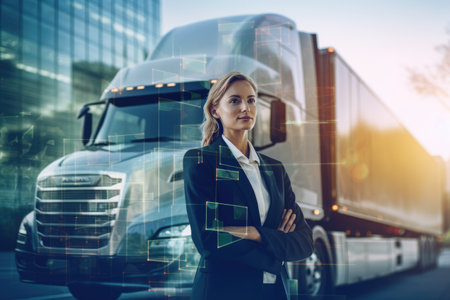 double exposure of businesswoman standing near truck on road, transportation concept, Double exposure features a businesswoman with a cargo truck on a road background, AI Generatedの素材