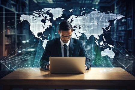 Portrait of young African businessman using laptop with digital world map on blurry office background. Toned image double exposure, Double exposure captures a businessman working, AI Generatedの素材