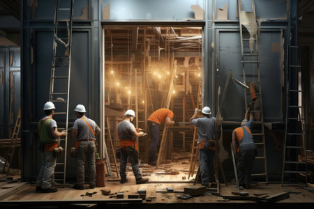 Group of workers working in a building construction site. 3d rendering, door construction workers, AI Generatedの素材
