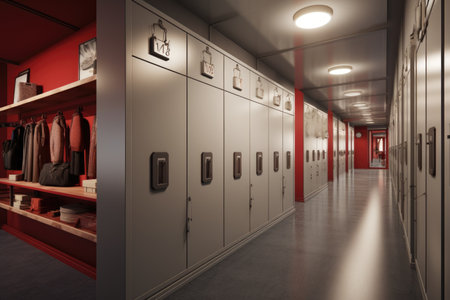 3d render of locker room with red wall and door lockers, dressing room or corridor with lockers, AI Generatedの素材