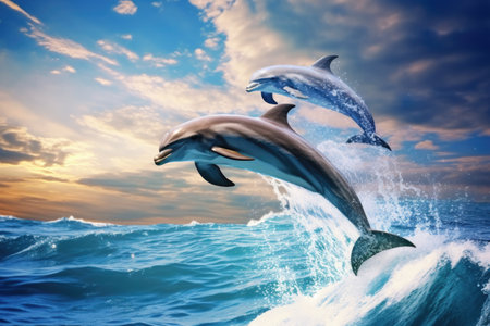 Dolphins jumping out of the water. 3D render illustration, Dolphins joyfully leaping out of the ocean waves against a blue sky background, AI Generatedの素材
