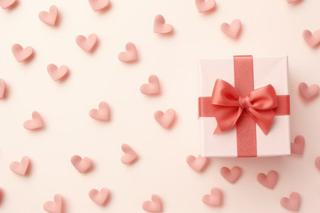 Valentine's day concept with pink hearts and gift box on white background, dreamy minimal valentines day gift hearts ribbon wallpaper, AI Generatedの素材