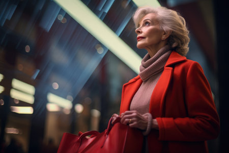 Mature woman in red coat with shopping bags in the city, Elegant elderly woman with shopping bags in glowing shopping center, AI Generatedの素材