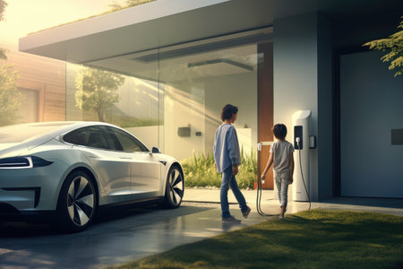 Smiling young woman talking to her friend while standing near electric car, Electric vehicle charging station in private home with happy mother and son walking alongside, AI Generatedの素材
