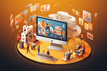 Isometric big data concept with 3d people around computer monitor on orange background, Embrace the Subscription Economy with personalized offerings based on customer preferences and usage patterns, AI Generatedの素材