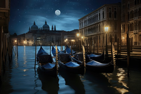 Gondolas on Grand Canal at night, Venice, Italy, Elegant gondolas in Venetian water canal under moonlit night, AI Generatedの素材