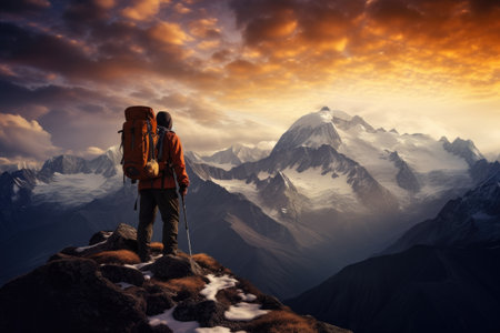 Hiker in Himalaya mountains at sunset. Trekking in Nepal, Embark on an exhilarating mountain adventure!, AI Generatedの素材