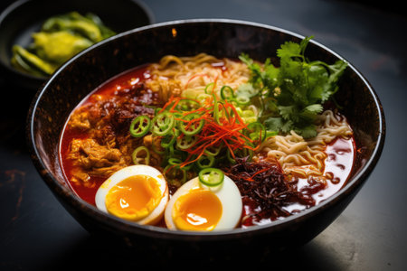 Japanese ramen noodle with beef and egg on a wooden table, Embark on a spicy ramen adventure with a steaming bowl of noodles, vibrant toppings, and tantalizing chili oil, AI Generatedの素材