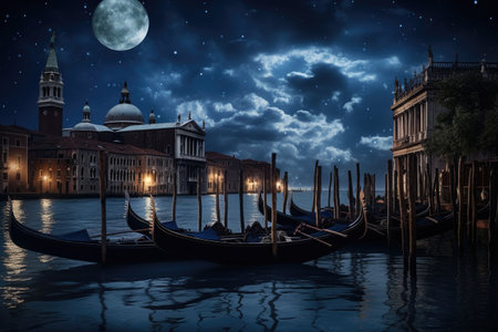 Gondolas in Venice at night with full moon. 3D rendering, Elegant gondolas in Venetian water canal under moonlit night, AI Generatedの素材
